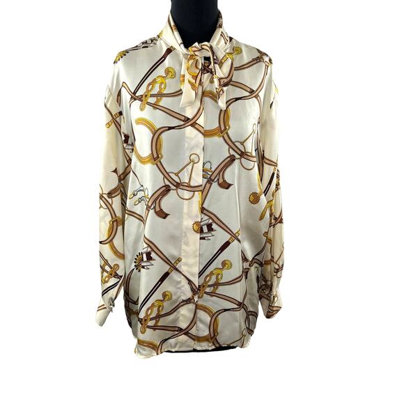 VINTAGE Mark Eisen White Beige 10 Top Silk Rope Knot Equestrian Button-Up NEW - Picture 1 of 9